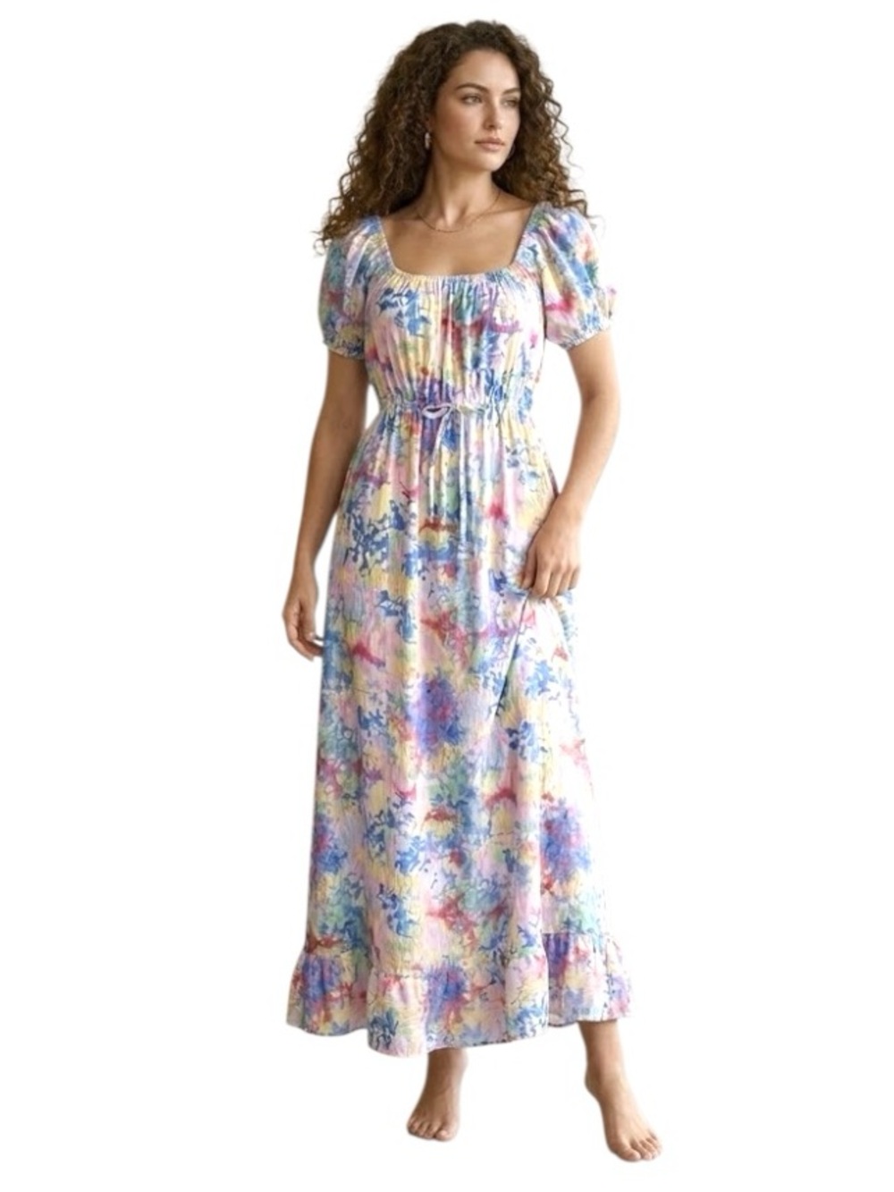 VTG 70-80's Floral Maxi Dress Blue Multicolor On Off Shoulder Sz M/L Feminine
